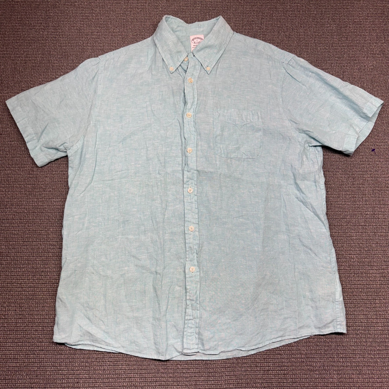 Brooks Brothers Mens L Blue 100% Linen Short Sleeve Regent Fit Button Down Shirt